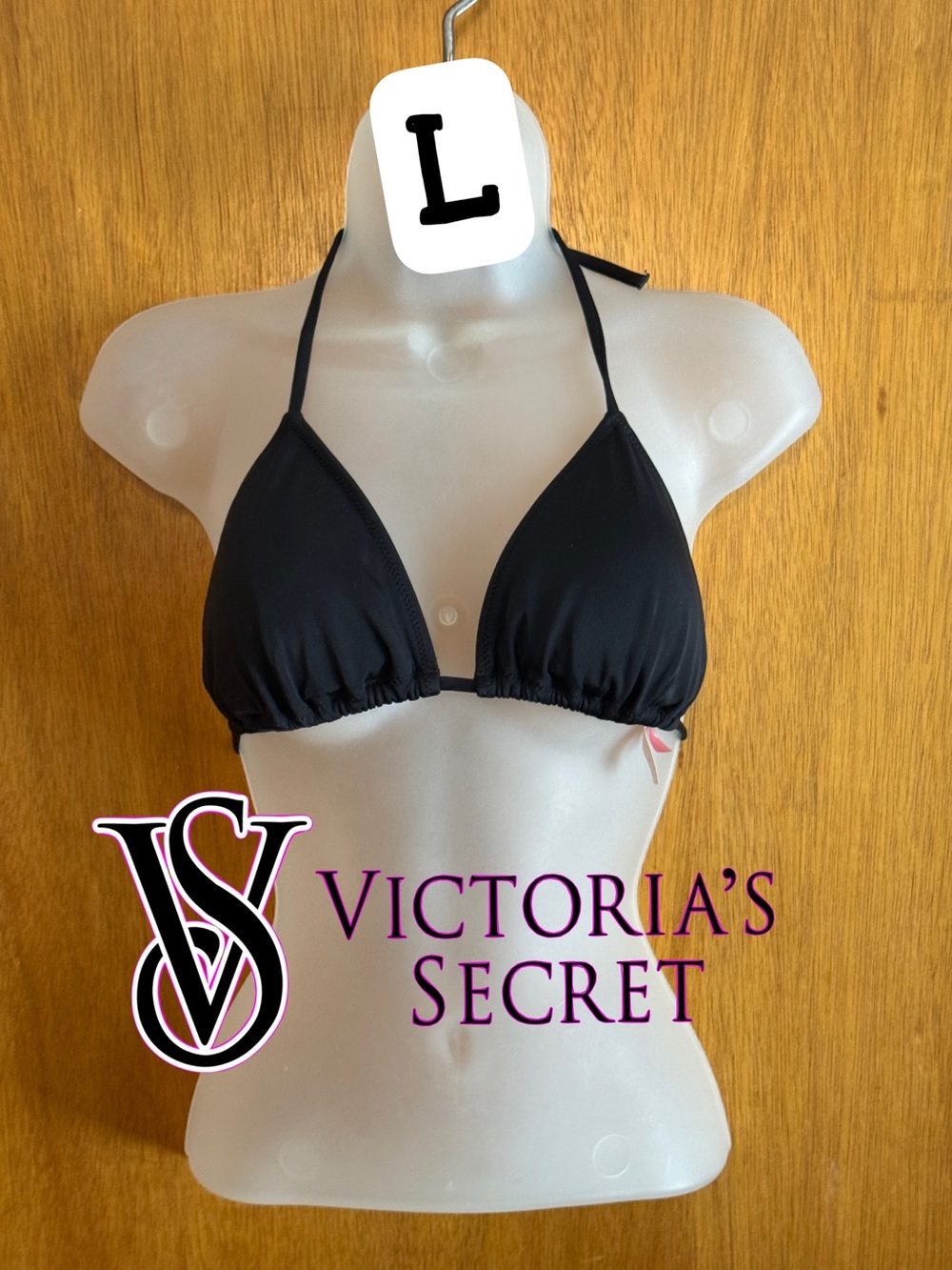 Victoria's Secret Black Triangle String Bikini Top sz L Excellent